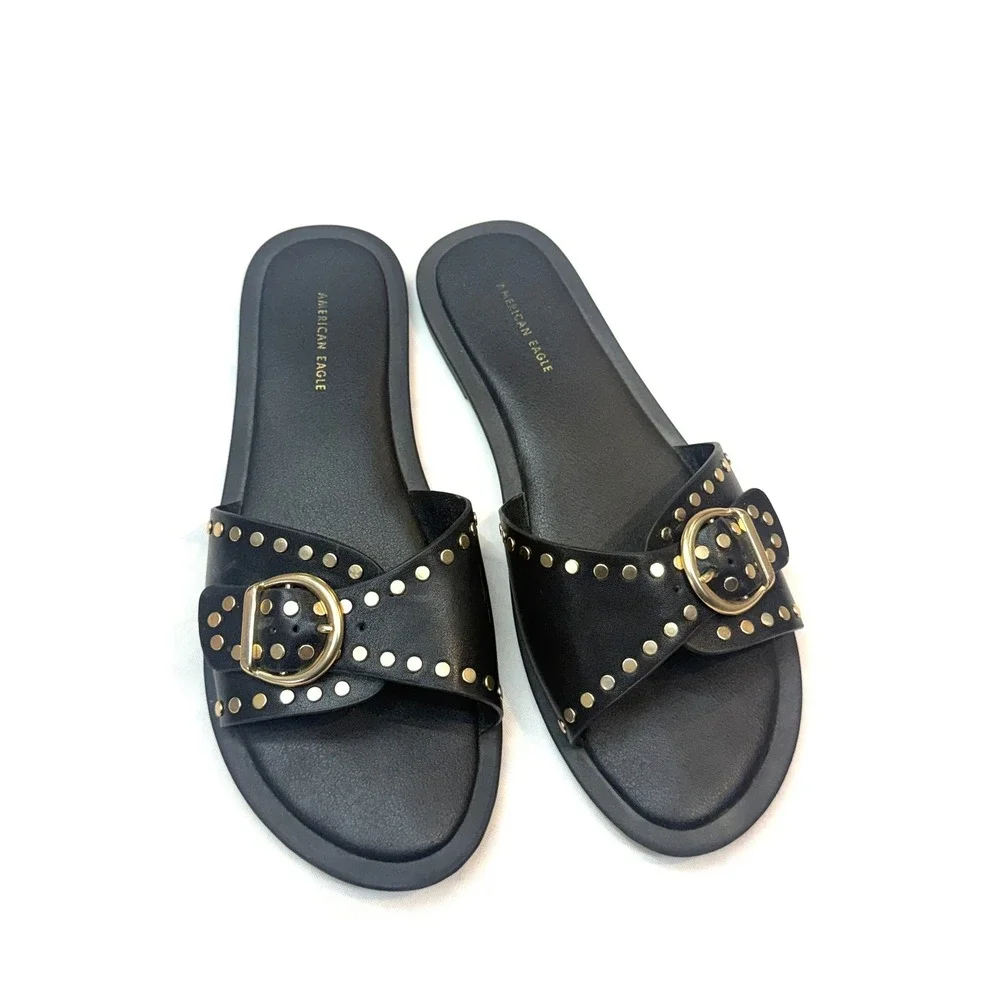 AMERICAN EAGLE Womens 8 Black Faux Leather Gold Studded Strappy Flat Sandal Bin8